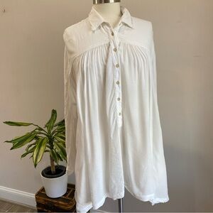Free People Boho Semi Sheer Flowy Long Sleeve White Blouse w/ Pockets